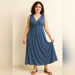 Blue White Sleeveless Maxi Dress Braided Celtic Waist Comfort Small Stretchy